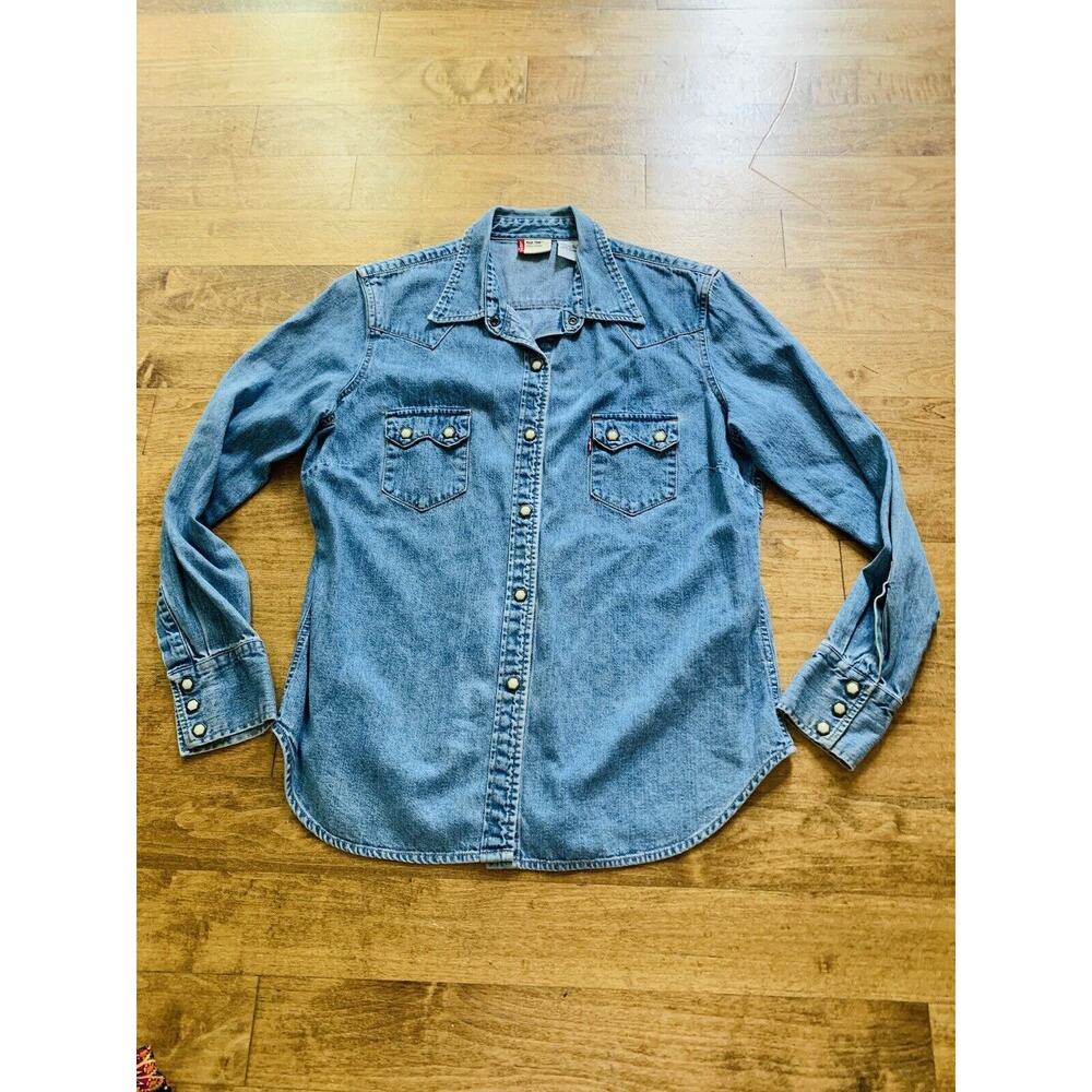 Levis Denim Shirt Womens Large Blue Jean Pearl Snaps Western Long Sleeve Red Lab